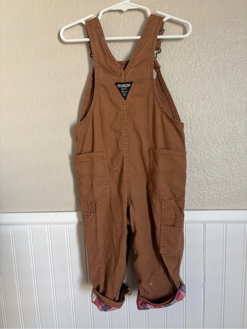 OshKosh B'gosh Brown Kids Overalls with Plaid Cuff